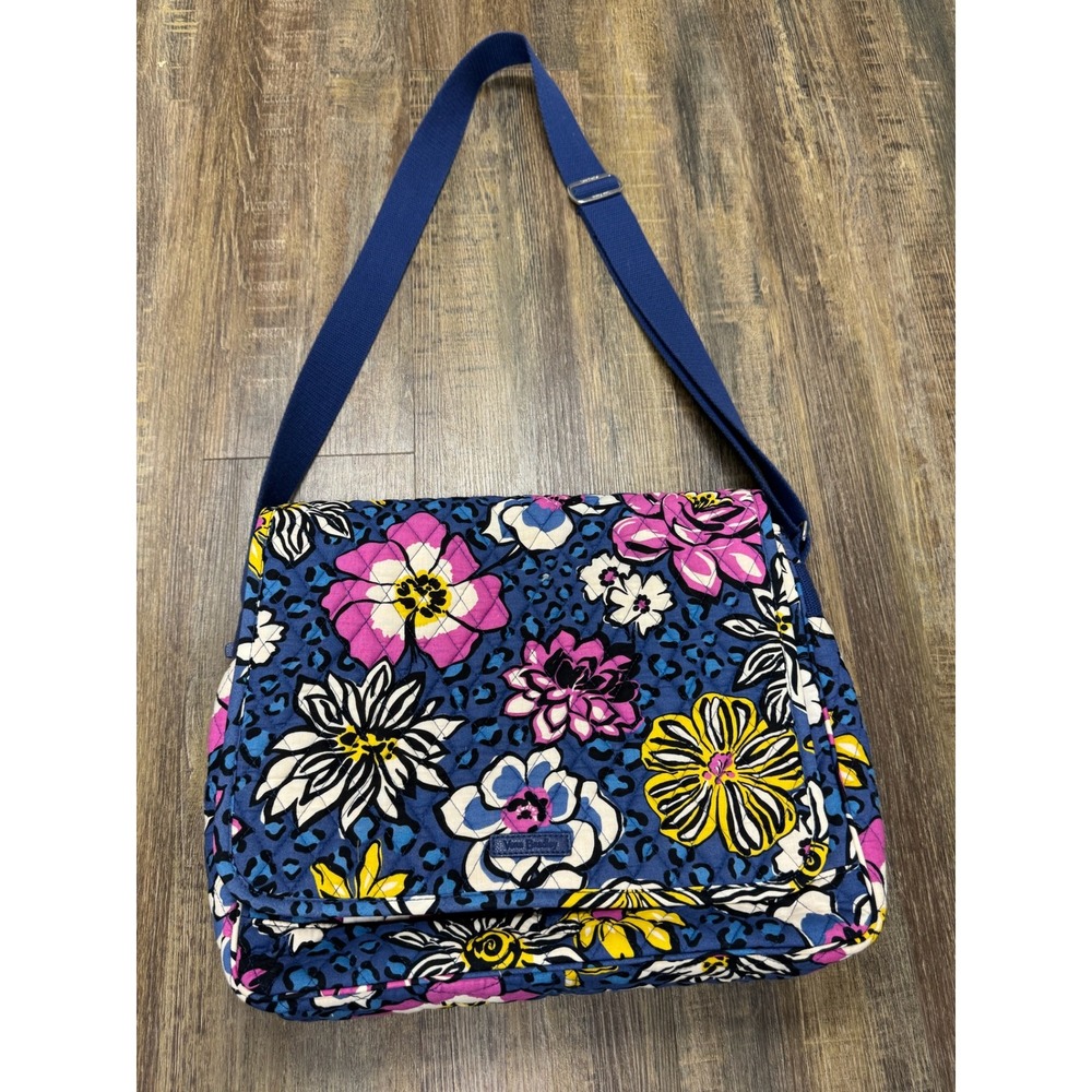 Vera Bradley Floral Leopard Quilted Cotton Messenger Bag Blue Pink Crossbody